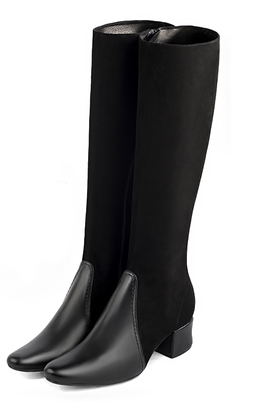 Satin black women's feminine knee-high boots. Round toe. Low flare heels. Made to measure. Front view - Florence KOOIJMAN